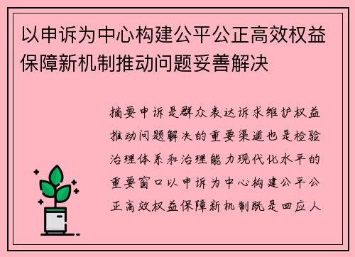 以申诉为中心构建公平公正高效权益保障新机制推动问题妥善解决