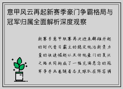 意甲风云再起新赛季豪门争霸格局与冠军归属全面解析深度观察